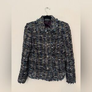 St. John Couture Blue Multicolor Tweed Blazer Sz 4 Gold Thread Luxury Classic